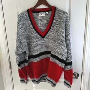 VTG Saturdays Retro 80’s 90’s V-Neck  Knit Sweater Red Black White Men’s Large